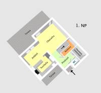 Floor plan of a family house: kitchen, dining room, living room, and terrace in Dunajský Klátov.