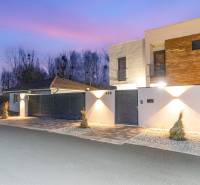 A family house in Dunajský Klátov with a minimalist facade and entrance lighting.