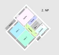 Second floor layout of a family house: bedroom, two rooms, bathroom, balconies.
