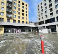 Commercial premises on Prostějovská Street in Prešov with an icy sidewalk and buildings.