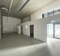 Interior of commercial spaces with concrete flooring and large windows.