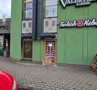Obchodná Street in Michalovce, dining premises with the sign Turkish Kebap on a green building.
