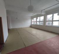 Empty office spaces with large windows and unfinished flooring with a wood decor.