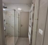 A bathroom with a shower and a radiator in a 2-room apartment.