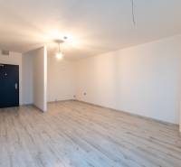 A room in a 2-room apartment with white walls and a floor with a wooden decor.