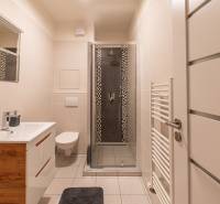 Bathroom in a 2-room apartment with a sink, shower, and tiles in neutral colors.