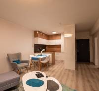 Living room with a kitchen in a two-room apartment with a wooden decor floor.