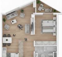 Floor plan of a 2-room apartment with wood-patterned flooring and a balcony.