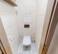 A toilet with a wooden decor floor in a 3-room apartment, light tiles.