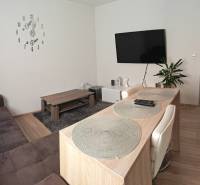 Living room in a studio apartment, wood-patterned floor, TV on the wall.