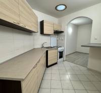 A kitchenette in a studio apartment with tiled flooring and light-colored cabinets, next to a floor with a wooden decor.