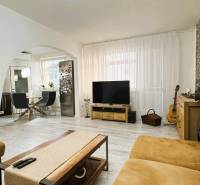 Living room in a three-room apartment with a wooden decor floor and a brick wall.