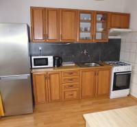A kitchen in a studio apartment with a kitchen unit, wood-patterned flooring, and appliances.