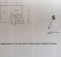Floor plan of a one-room apartment with a kitchen, room, bathroom, and toilet.
