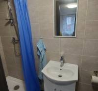 A bathroom in a cabin with a shower, a sink, and a blue curtain.