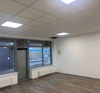 Commercial spaces with wood-patterned flooring and large windows.