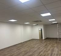 Commercial premises with wood-patterned flooring, ceiling lighting, ladder.
