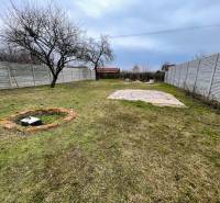 The garden of the cottage in Komárno with fruit trees and a lawn, surrounded by a fence.