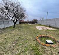 A garden with an unkempt lawn surrounded by a fence near a cottage in Komárno.