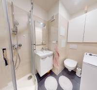 Bathroom in a studio apartment with a washing machine, sink, shower, and toilet.