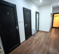 A corridor in a warehouse and hall with a wooden decor floor and black doors.