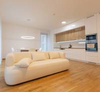 Living room with a white sofa and a kitchen unit; floor with a wooden decor.