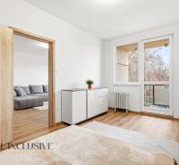Bedroom in a 3-room apartment with wood-patterned flooring and comfortable furnishings.