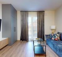 Living room with a dark blue sofa, television, and wooden decor flooring in a two-room apartment.