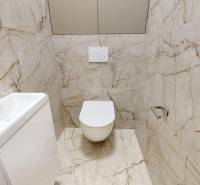 A bathroom with marble tiles in a 2-room apartment.