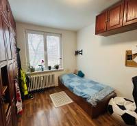 A room in a 3-room apartment with a wooden decor floor and a sofa by the window.