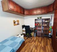 A room in a 3-room apartment contains a bed, a shelf, a desk, and a floor with a wooden decor.