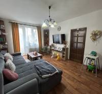 Living room in a 3-room apartment with a comfortable sofa and a floor with a wooden decor.