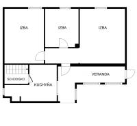 The floor plan of the family house includes a staircase, kitchen, veranda, and three rooms.