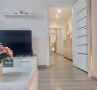 Living room in a two-room apartment with a television, flowers, and a wooden decor floor.