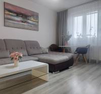 Living room of a two-room apartment with a sofa, table, and wooden decor flooring.