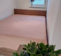 A bedroom in a 2-room apartment with light bedding, decoration, and a flower pot.