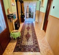 A hallway in a family house with a carpet runner and light-colored walls.