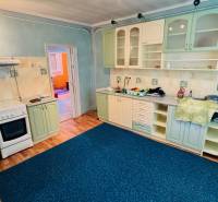 A kitchen with a wood-patterned floor in a family house, featuring bold blue and green elements.