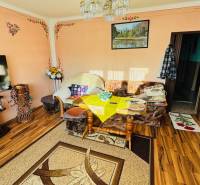 Living room in a family house with a television, carpet, and wooden decor flooring.