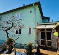 A family house in Horná Ves with a green facade, a garden with remnants of snow.