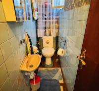 A narrow bathroom in a family house with blue tiles and a floor with a wooden decor.