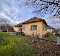 A family house in Komjatice with a front garden surrounded by trees and lawn.