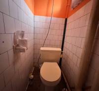 A toilet in a family house with orange walls and white tiles.