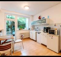 A kitchen in a family house with a wooden decor floor and a view of the garden.