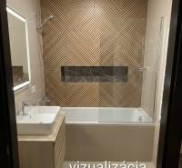 A bathroom with wooden decor, a bathtub, and a sink in a 3-room apartment.