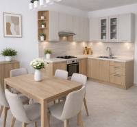 A kitchen in a 3-room apartment with a dining table, light cabinets, and a floor with a wood decor.