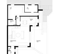 Floor plan of a family house with a staircase, kitchen, living room, and spacious terrace.