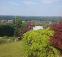 A garden of a family house in Hainburg an der Donau with a panoramic view of the countryside.
