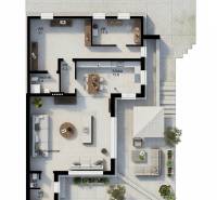 Floor plan of a family house with a spacious living room, kitchen, and two utility rooms.