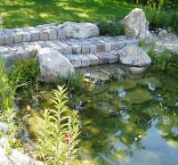 A garden with stone steps and a pond by a family house in Hainburg an der Donau.